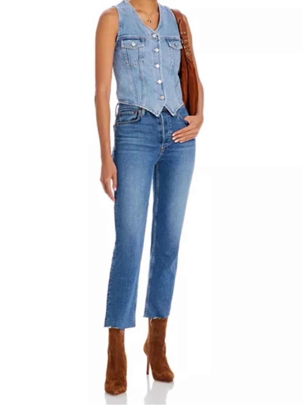 RE/DONE Stove Pipe High Rise Straight Jeans in Mid 70s Blue size 27